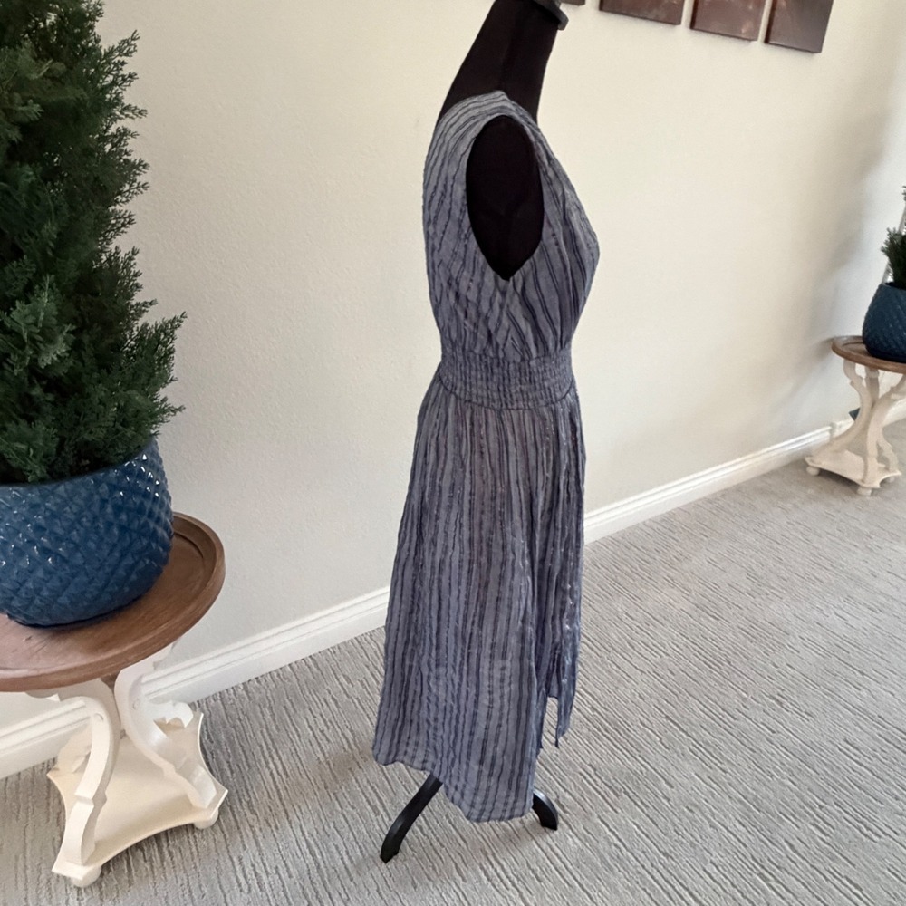 INC Midi Shimmer Dress‎ Womens Blue Purple Striped Smocked Waist Metallic Slit - Picture 4 of 11